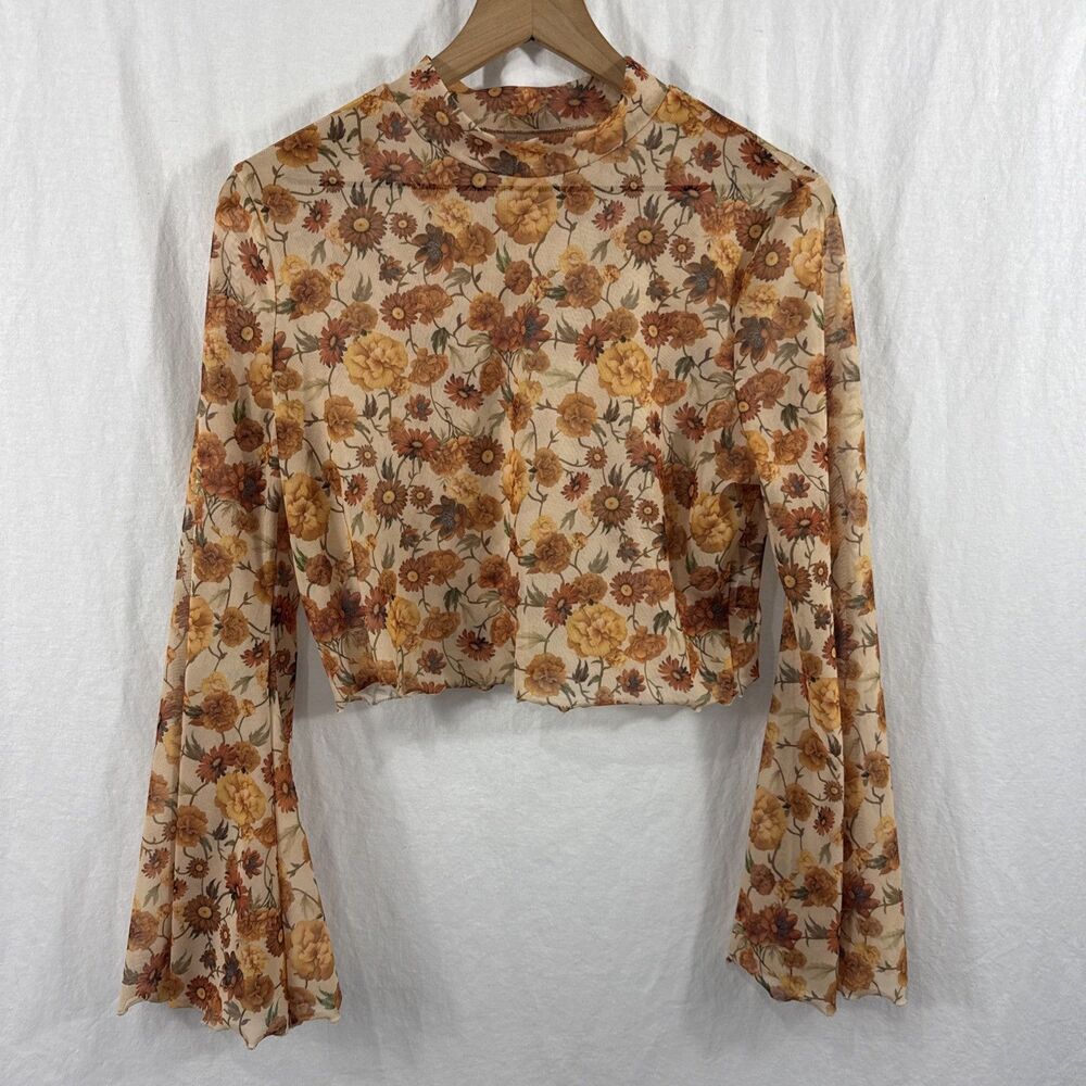 Unbranded Sheer Mesh High Neck Flare Sleeve Floral Crop Top Womens Sz XL Western